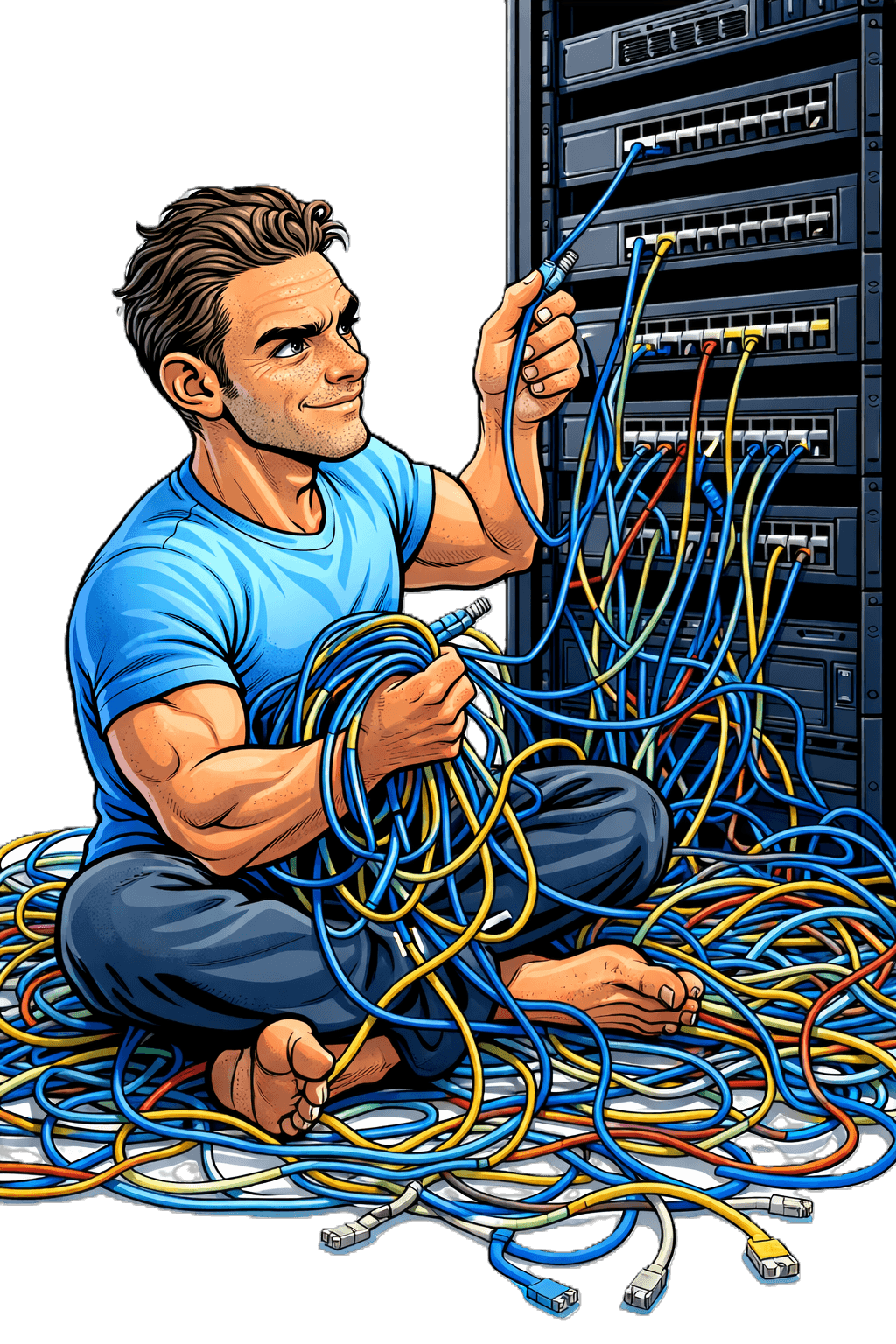 Our engineer tangled in cables, trying to get this page working