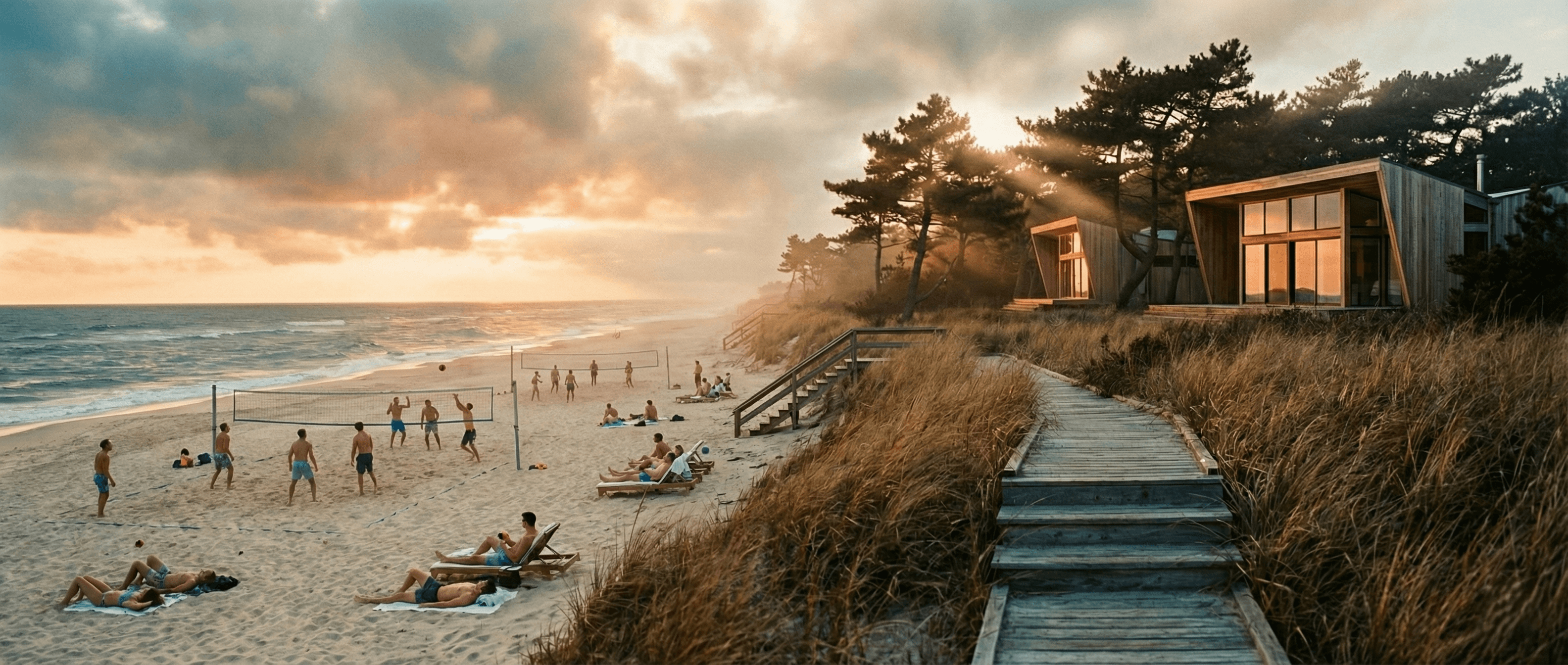 Fire Island beach scene at golden hour — volleyball, boardwalk, and modern cabin